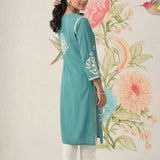 Yashvi Turquoise Cotton Blend Embroidered Kurta