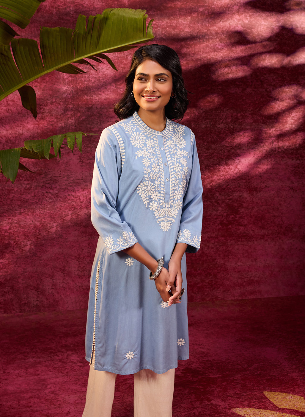 Saadgi Windy Blue Embroidered Cotton Linen Tunic for Women