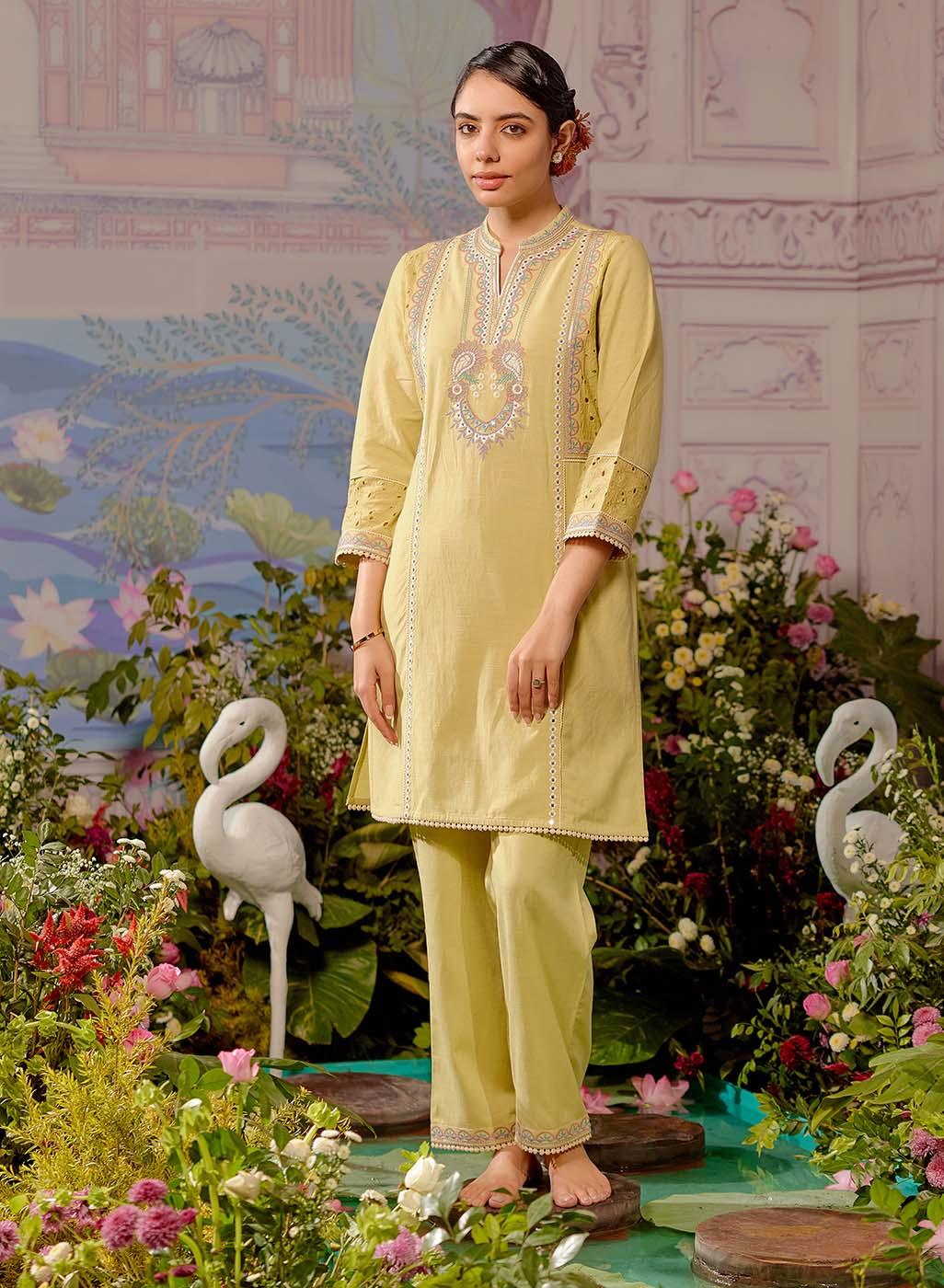 Yellow Schiffili Embroidered Cotton Co-ord Set with 3/4th Sleeves - Lakshita