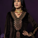 Koel Brown Embroidered Velvet Suit Set with Banarasi Dupatta