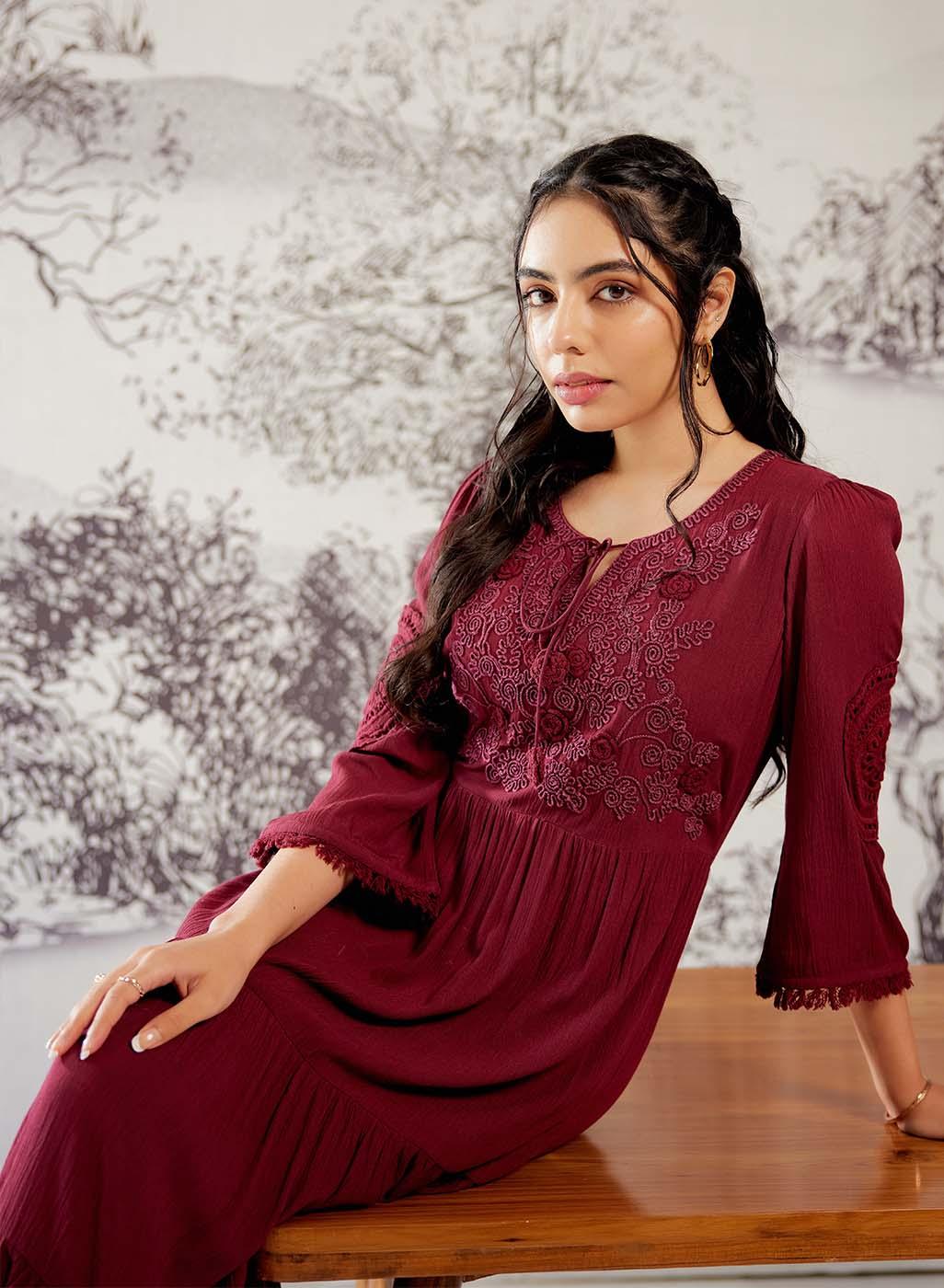 Wine Long Dress for Women with Dori Detail and Embroidery - Lakshita