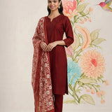 Ragini Maroon Embroidered Straight Suit Set with Dupatta