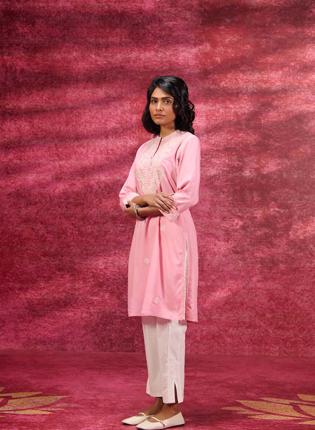 Saadgi Carnation Pink Embroidered Cotton Linen Tunic for Women