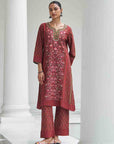 Fuchsia Kurta Set with Round neck and Contrast Front Placket