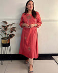 Light Maroon Embroidered Cotton Kurta with 3/4th Sleeves and Asymmetrical Hem