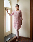 Solid Pink Round Neck kurti with Sequins Work
