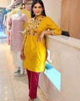 Mustard Embroidered Band Collar Tunic with Front Yoke Embroidery