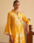 Yellow kurti with Dori work and Bell Sleeves
