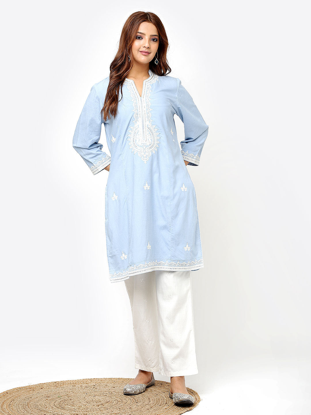 Spa Blue V-Neck Kurti with Dori Embroidery &amp; Sequins Work