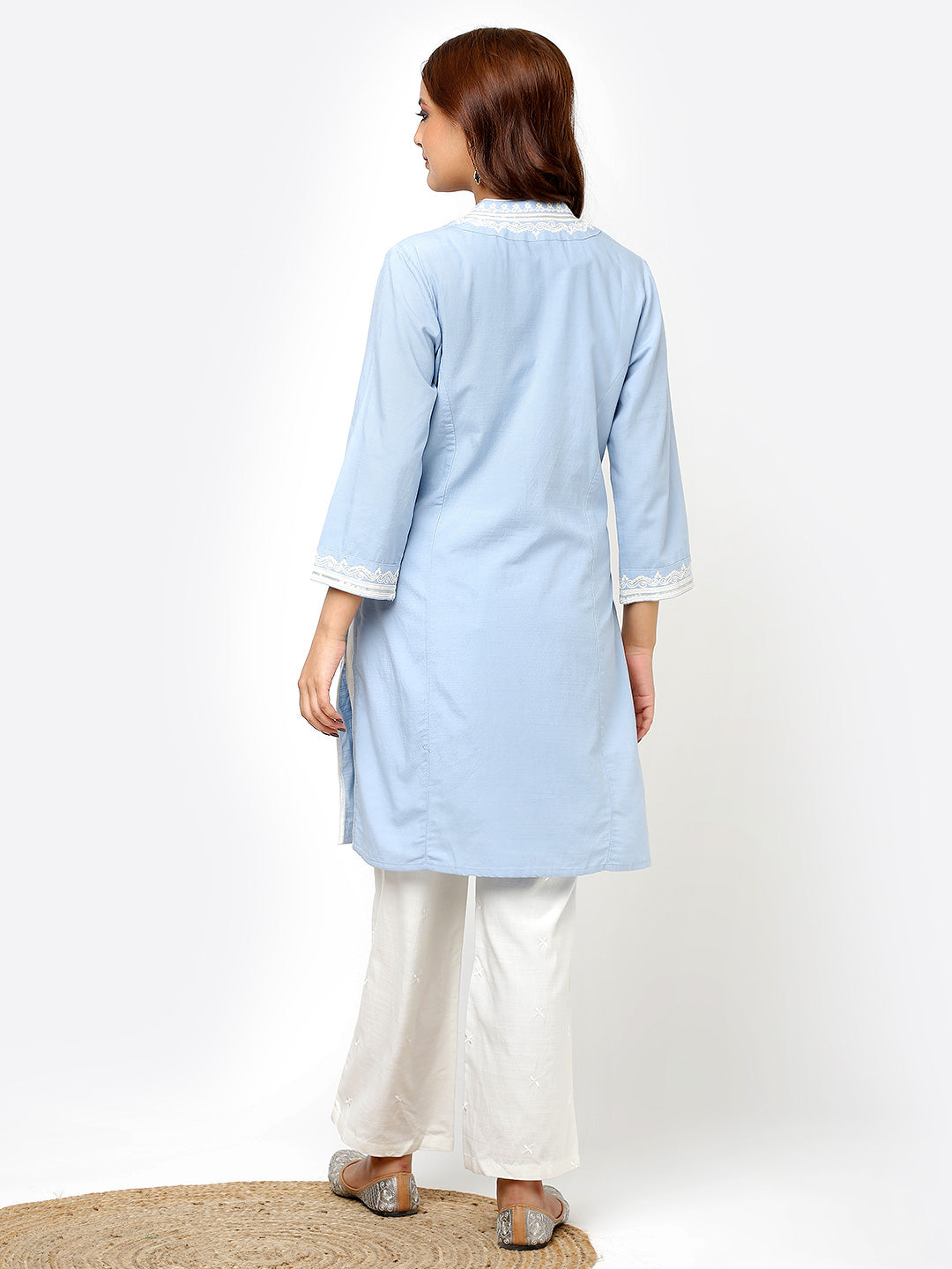 Spa Blue V-Neck Kurti with Dori Embroidery &amp; Sequins Work