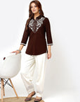 Brown Stretchable Kurti for Women with Threadwork and Lace Work
