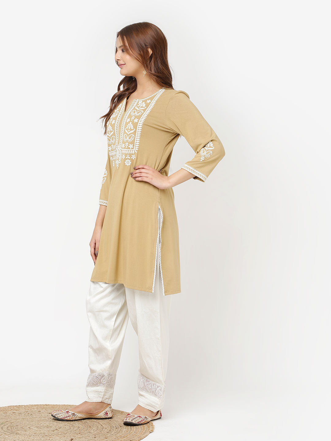 Golden Kurta for Women with Threadwork and Lace Detailing