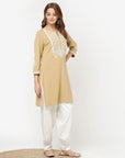 Golden Kurta for Women with Threadwork and Lace Detailing