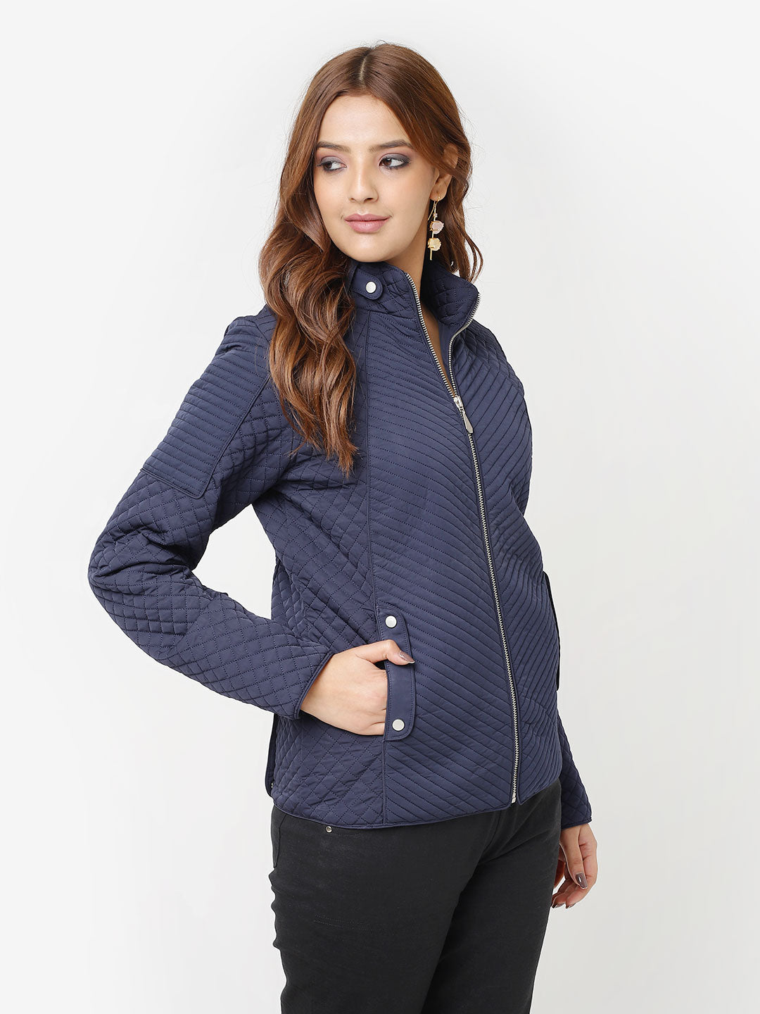 Navy Blue Quilted Highneck Jacket for Women Lakshita