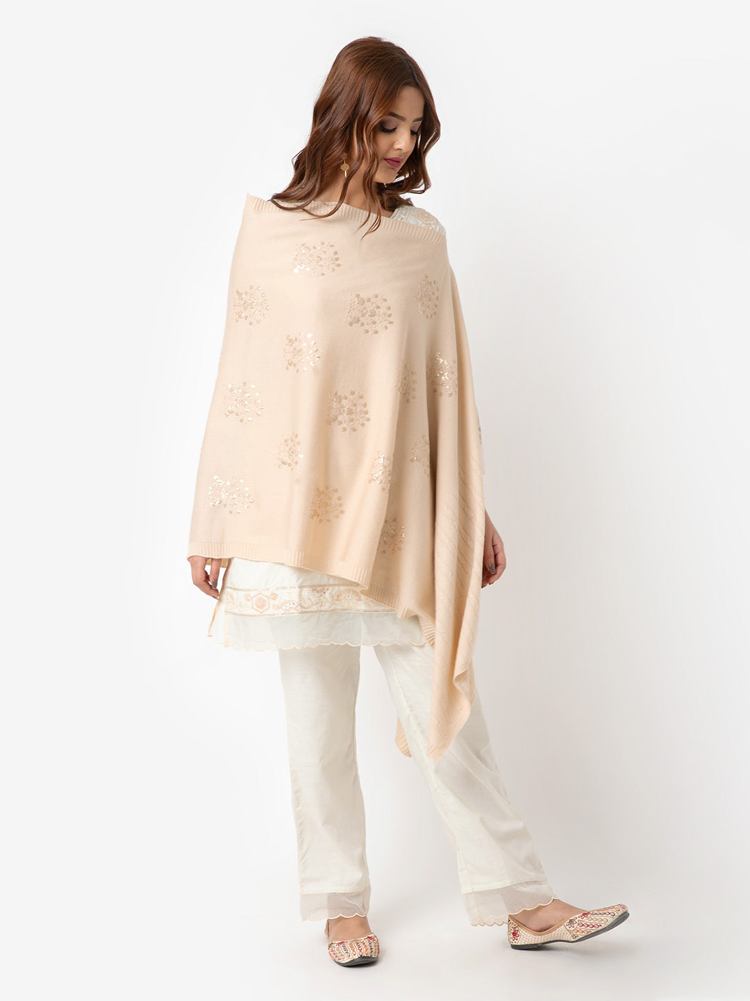 Camel Woolen Shawl with Thread Work Embroidery