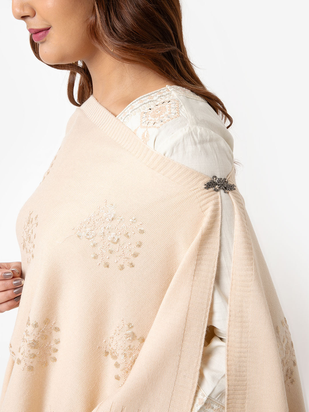 Camel Woolen Shawl with Thread Work Embroidery