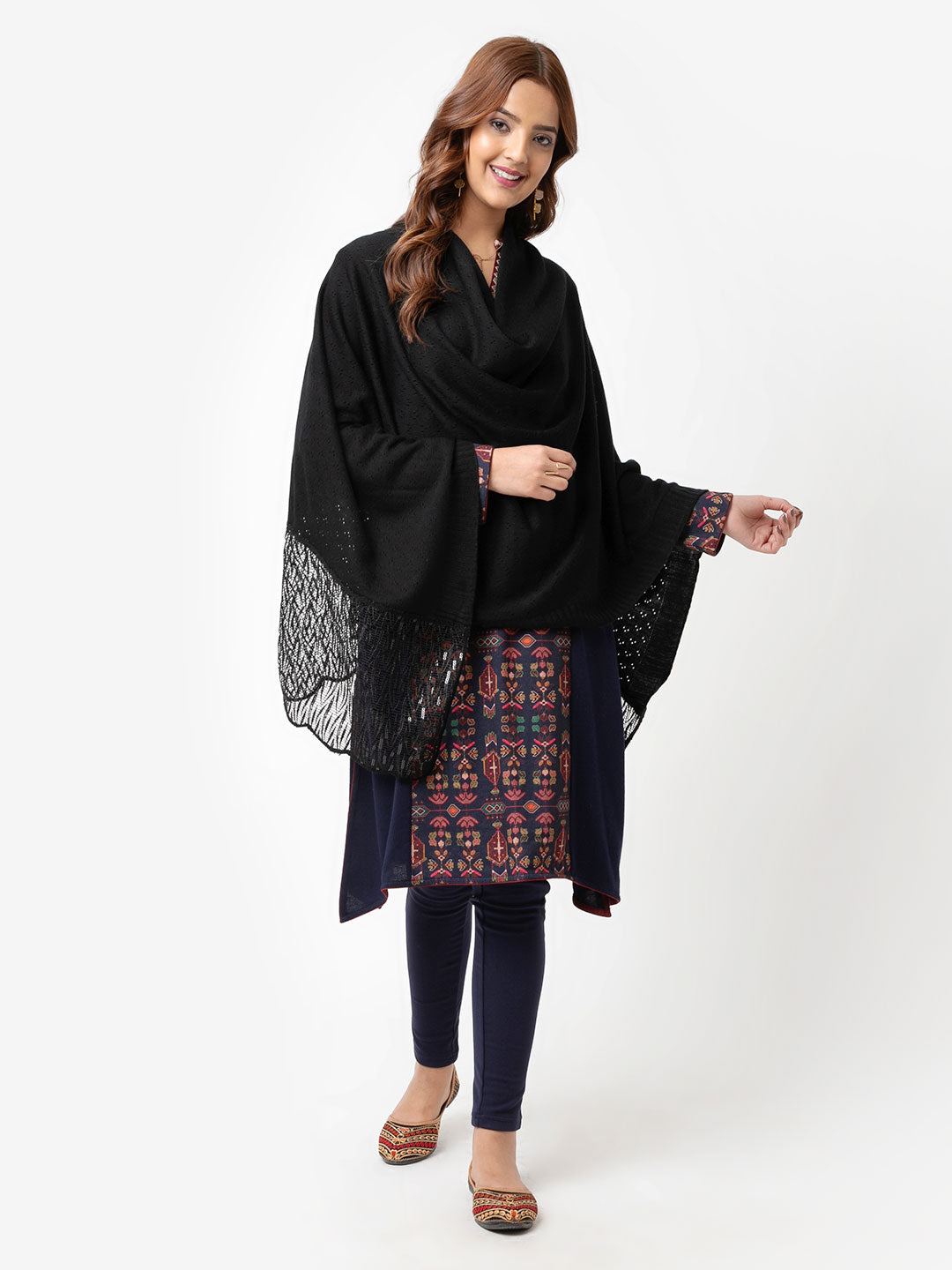 Black Solid Knitted Shawl