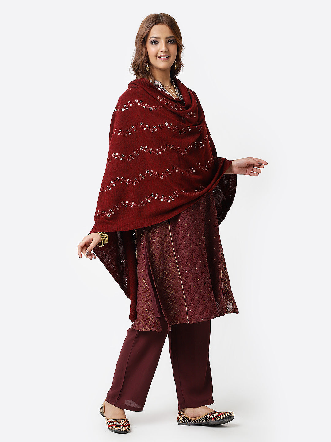 Maroon Shawl with Sequins Work