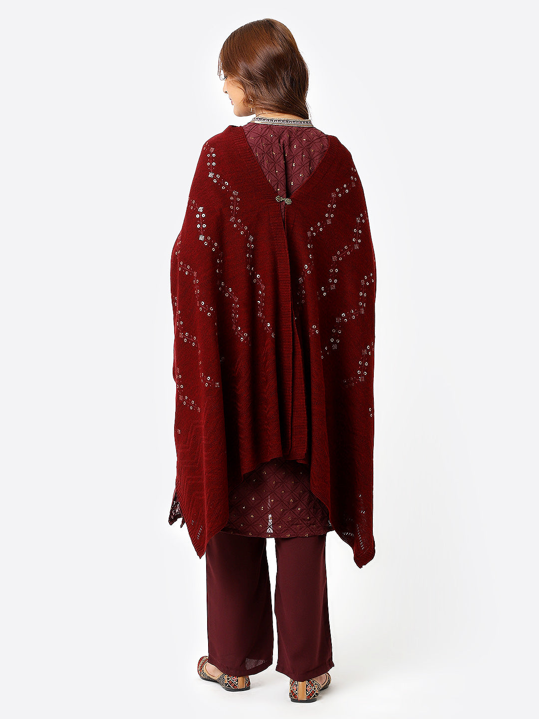 Maroon Shawl with Sequins Work