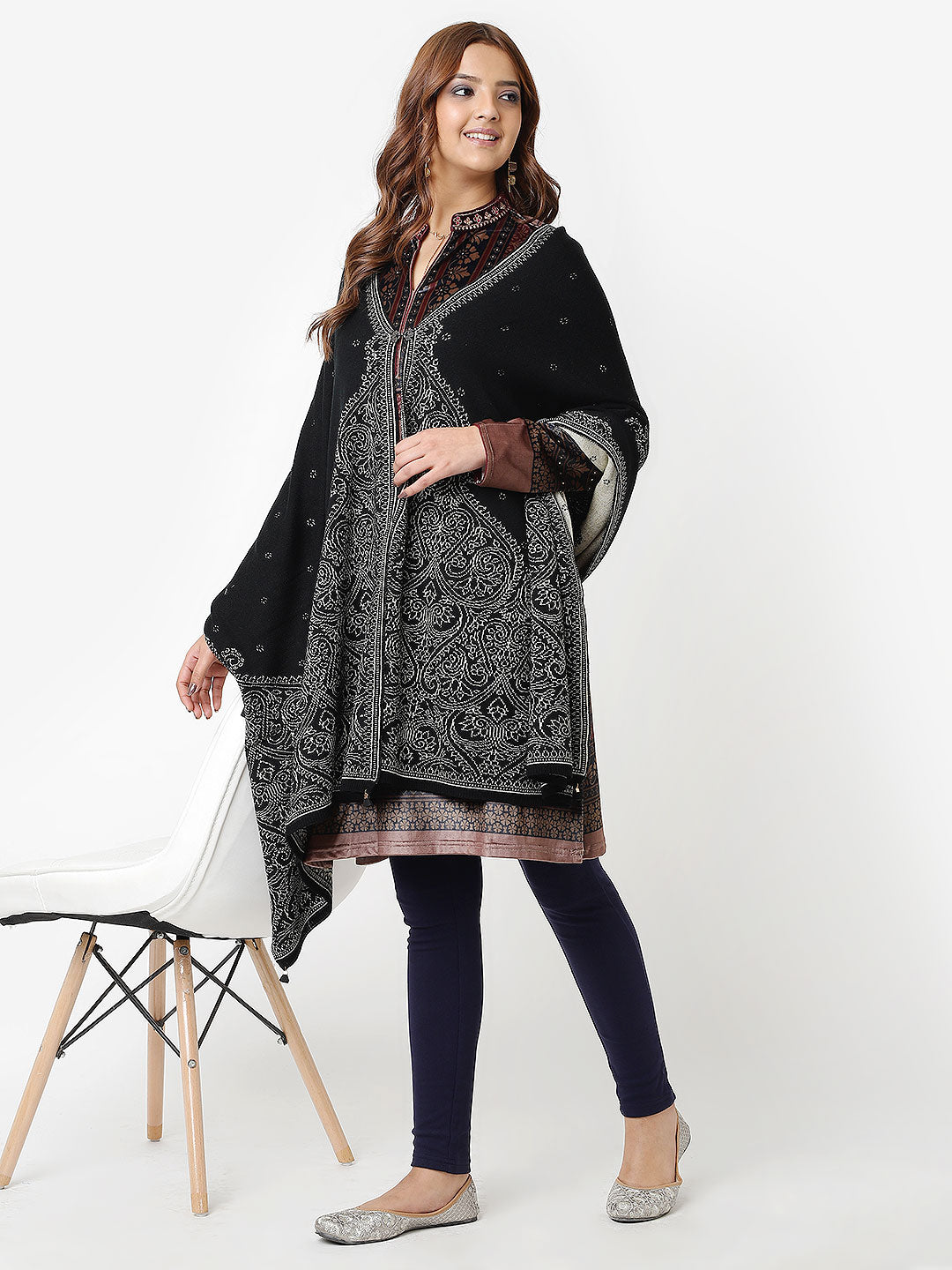 Black Warm Knitted Shawl with Intricate Pattern