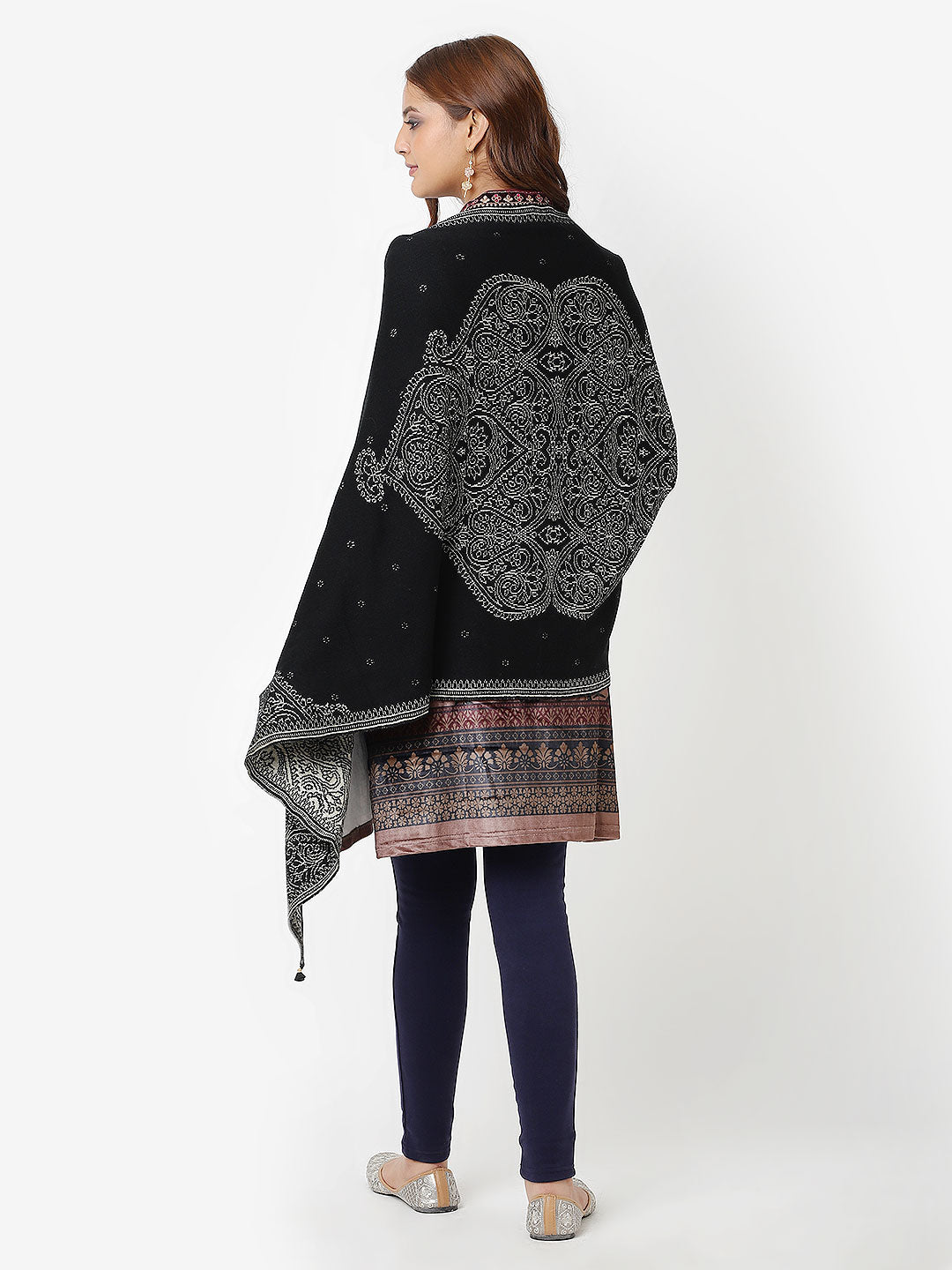Black Warm Knitted Shawl with Intricate Pattern