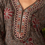 Detailed shot of V-neck design with mirror work, frill detailing, and subtle piping on Liah Black Rayon Kurta