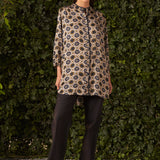 Lisa Navy Blue Printed Satin A-line Shirt for Women