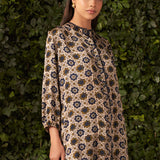 Lisa Navy Blue Printed Satin A-line Shirt for Women