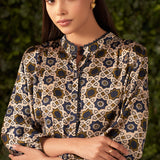 Lisa Navy Blue Printed Satin A-line Shirt for Women