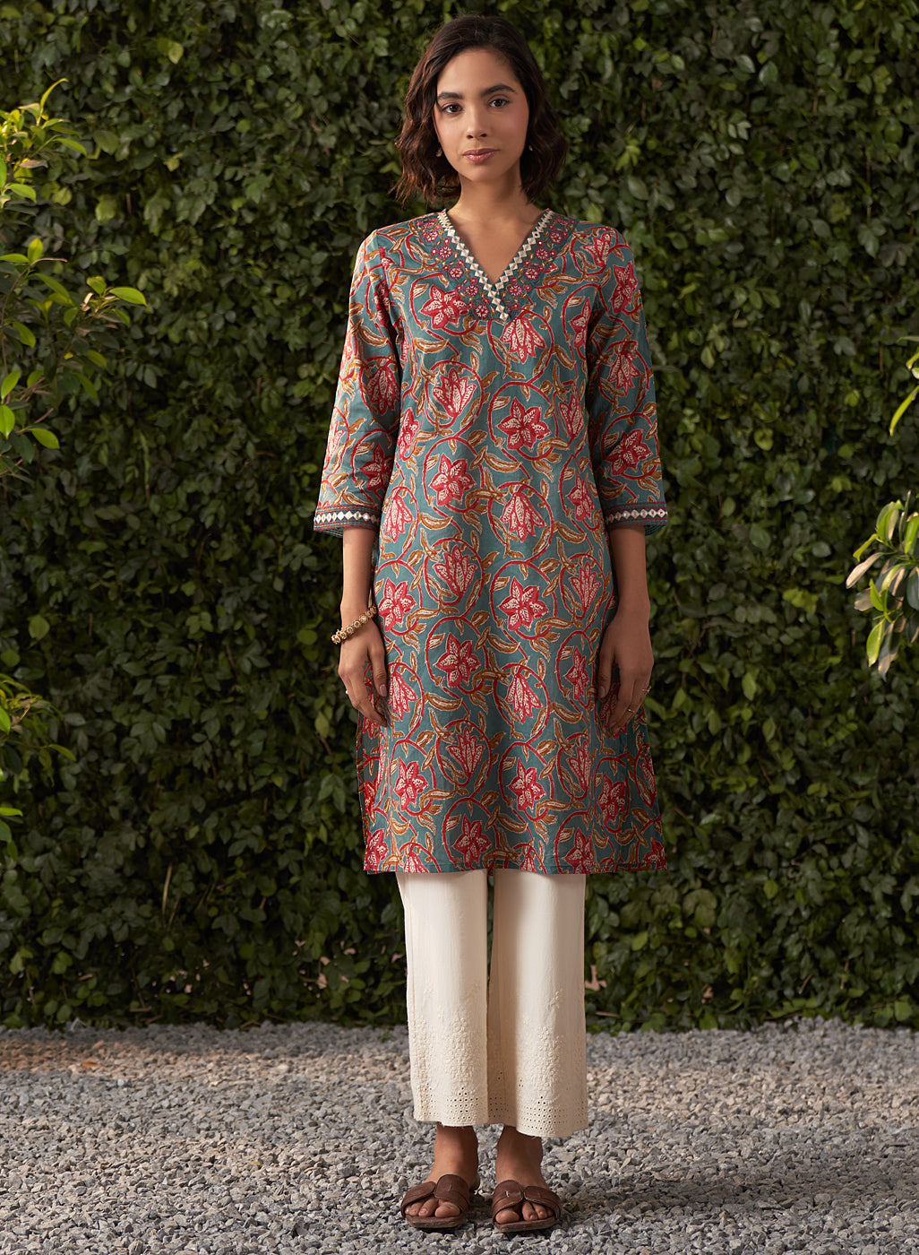 Zaina Emerald Green Printed Cotton Kurta for Women