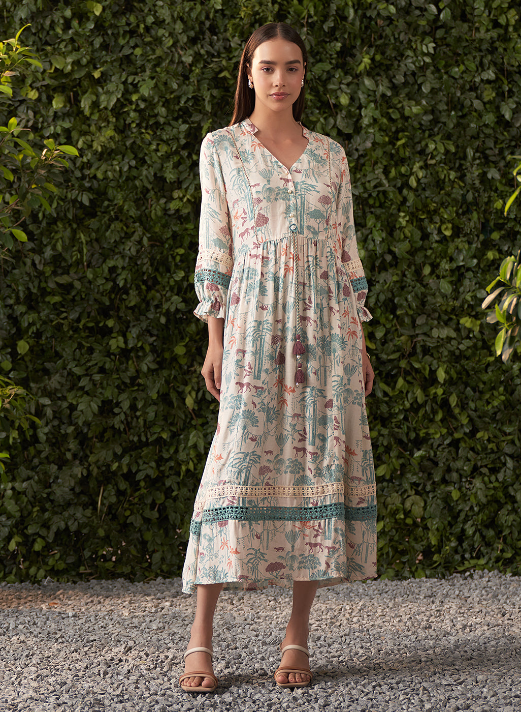 Bella Ocean Blue Printed Muslin Dress for Women