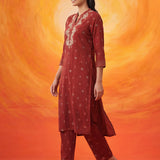 Chalka Red Printed Cotton Blend Kurta Set