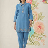 Nayra Blue Embroidered Linen Co-ord Set