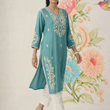 Yashvi Turquoise Cotton Blend Embroidered Kurta