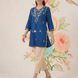 Afiya Blue Cotton Blend Embroidered Kurti