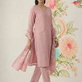 Afsana Pink Cotton Bend Embroidered A-line Suit Set with Dupatta