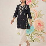 Afiya Black Cotton Blend Embroidered Kurti