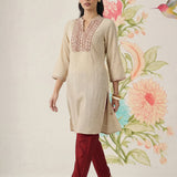 Aviya Beige Cotton Blend Embroidered Straight Kurta