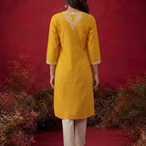 Yellow Embroidered Cotton Straight Kurta Set