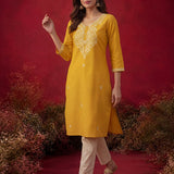 Yellow Embroidered Cotton Straight Kurta Set