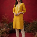 Yellow Embroidered Cotton Straight Kurta Set