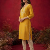 Yellow Embroidered Cotton Straight Kurta Set