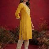 Yellow Embroidered Cotton Straight Kurta Set