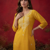 Yellow Embroidered Cotton Straight Kurta Set