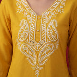 Yellow Embroidered Cotton Straight Kurta Set