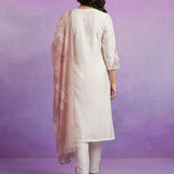 Ivory Silk Embroidered A-Line Kurta set with Dupatta