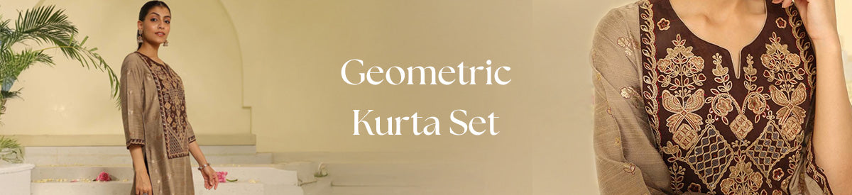 In the banner, the model beautifully represents Lakshita’s Geometric Kurta Set collection