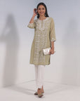 Solid Green Round Neck kurti with Sequins Work
