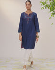 Zayna Navy Blue Embroidered Cotton Linen Designer Kurta for Women