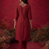 Red Embroidered Cotton Blend Kurta Set